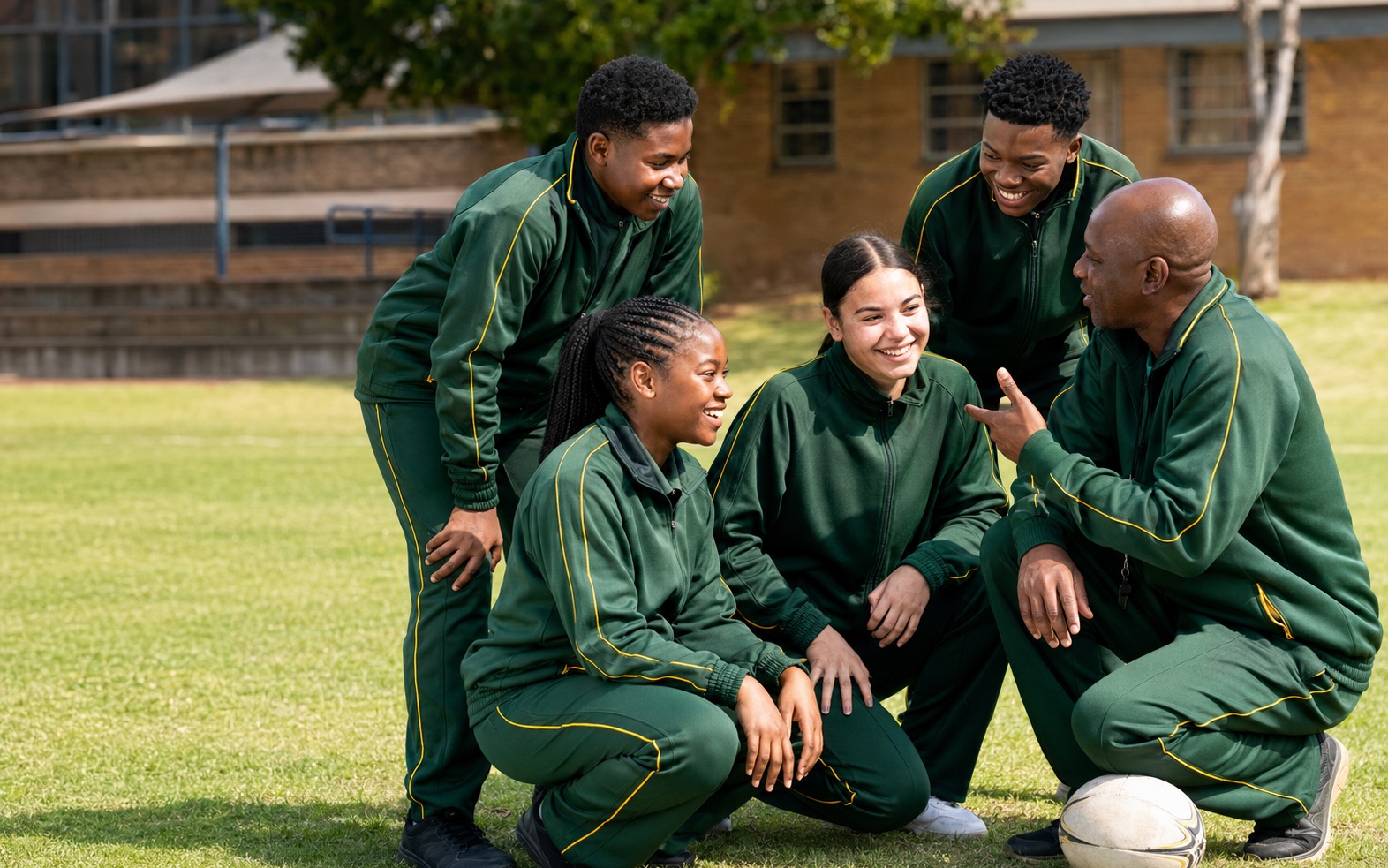 South African learners and coach wearing locally manufactured green school tracksuits